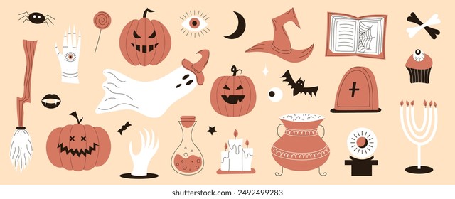Set of Halloween scary elements. Pumpkin, cauldron, ghost, coffin, candles, eye. Flat vector illustration