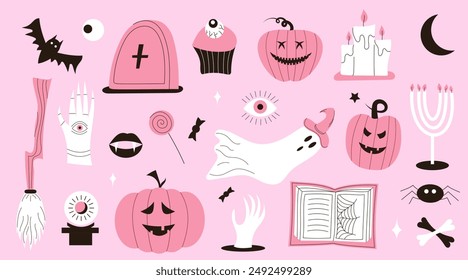 Set of Halloween scary elements. Pumpkin, cauldron, ghost, coffin, candles, eye. Flat vector illustration