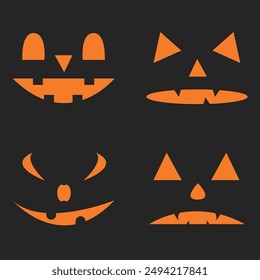 Set of Halloween scary faces icons. Dark background. Vector illustration in trendy flat style.