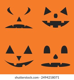 Set of Halloween scary faces icons. Orange background. Vector illustration.