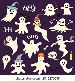 Set of Halloween scary ghosts. Perfect for holiday, decoration, stickers, icons.