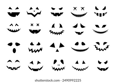 Conjunto de cara de calabaza de miedo y horror de Halloween. Siluetas en blanco y negro Ilustración vectorial