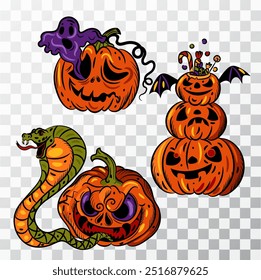 Set Halloween scary pumpkin, Freehand drawing, isolate on a white background. Vector