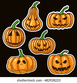 Set halloween scary pumpkin vector illustration; sticker halloween scary pumpkin set; horror pumpkin