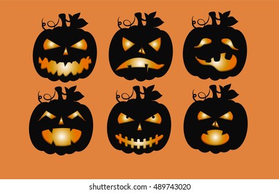 Set halloween scary pumpkin vector illustration; sticker halloween scary pumpkin set; horror pumpkin