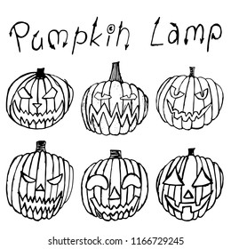 Set of Halloween scary pumpkins. Autumn holidays. hand draw pumpkins