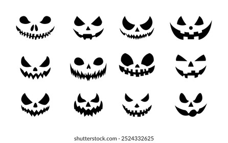 Conjunto de cara de calabazas de miedo de Halloween. sonrisa fantasma espeluznante Jack sonrisa malvada boca ojos silueta de miedo.  Cara de Halloween tallada aterradora, Ilustración vectorial ingeniosa del icono del horror de la historieta.