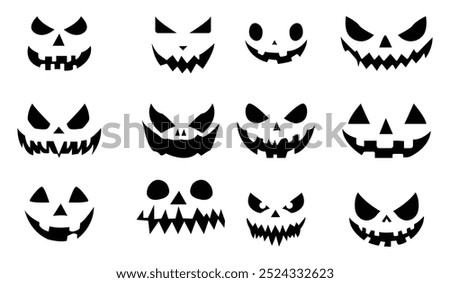 Set of Halloween scary pumpkins face. ghost smile spooky jack evil smile mouth eyes scary silhouette.  Scary carved Halloween face, cartoon horror icon ingenious vector illustration.