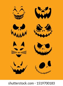 Set of Halloween scary pumpkins faces. Flat style vector spooky creepy pumpkins