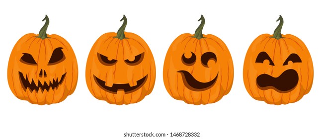 Set of Halloween scary pumpkins. Flat style vector spooky creepy pumpkins