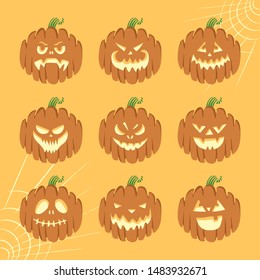 Set of Halloween scary pumpkins. Flat style vector spooky creepy and funny pumpkins. Emotion Variation.