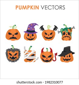 Set of Halloween scary pumpkins. Flat style vector spooky creepy pumpkins
