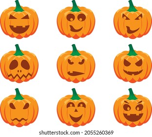 Set de calabazas aterradoras de Halloween. Calabazas espeluznantes espeluznantes con un vector de estilo plano. Calabaza de halloween con dibujos animados. Caracteres de linterna de la calabaza naranja. Halloween.