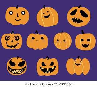 Set of Halloween scary pumpkins, Flat design vector and illustration spooky creepy pumpkins.