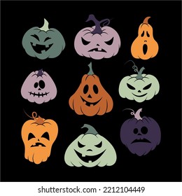 Set of Halloween scary pumpkins. Flat style vector spooky creepy pumpkins