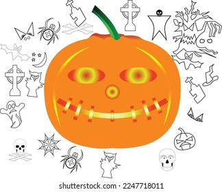 Set of Halloween scary pumpkins. Flat style vector spooky creepy pumpkins