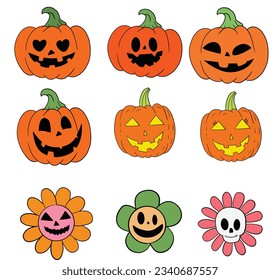 Set of Halloween scary pumpkins. Flat-style vector spooky creepy pumpkins. Groovy Hippie Flower Jack o Lantern Spooky