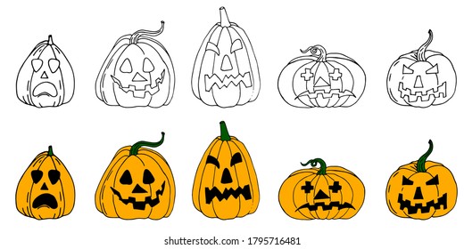 Set of Halloween scary pumpkins on white background. Halloween party. Autumn holidays.