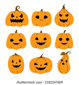 Set of Halloween scary pumpkins. Orange pumpkins on a white background. Creepy faces with different emotions. Flat vector illustration.