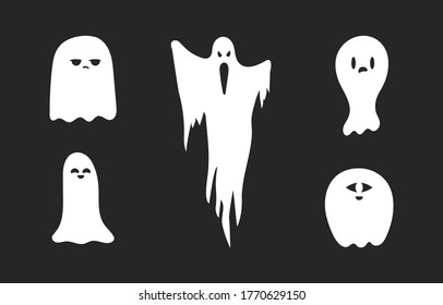 Set of Halloween scary and spooky ghost silhouettes. Creepy phantoms. Cartoon boos. October night party decoration.