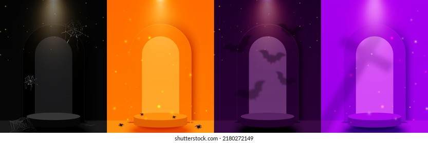 Conjunto de fondo de escena de Halloween con estadio de podio de círculo 3d para la visualización del producto, base de la muestra. Antecedentes de las fiestas de Halloween. Ilustración vectorial.