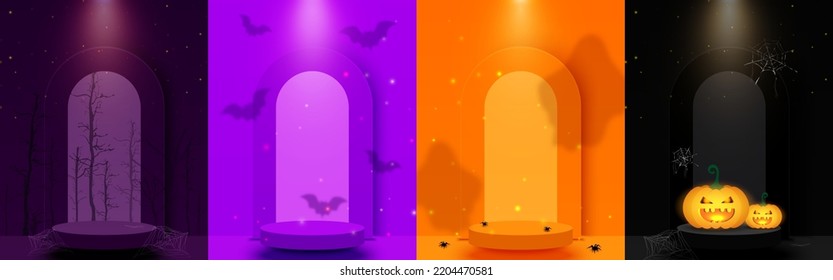 Set of Halloween scene background with circle podium stage for product display, show base. Halloween background. Halloween concept. Vector illustration.