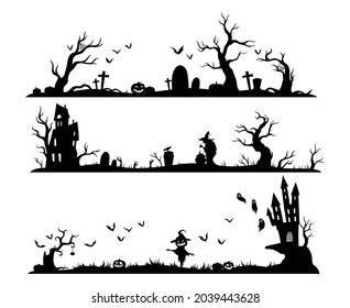 Set of halloween scene. Collection of scary graveyard with bat, haunted house and pumpkin face. Spooky holiday. Vector illustration of a witch on a tombstone.