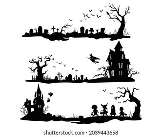 Set of halloween scene. Collection of scary graveyard with bat, haunted house and pumpkin face. Spooky holiday. Vector illustration of a witch on a tombstone.