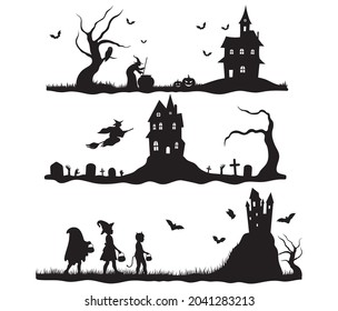 Set of halloween scene. Collection of scary graveyard with bat, haunted house and pumpkin face. Spooky holiday. Vector illustration of a witch on a tombstone.