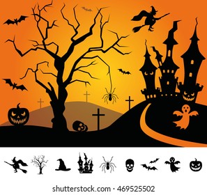 Set of Halloween scene with tree and castle. Vector background for Halloween.