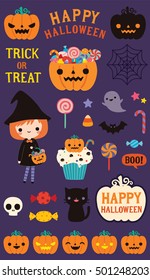 Set of Halloween. Scrapbook elements. Vector illustration.
Cat, bat, candy, spider web, ghost, pumpkin, skull, witch.