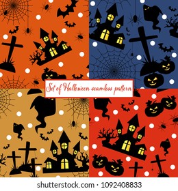 Set of Halloween seamless pattern background with spider web, castle, bats, pumpkins, ghost and gravestone.
