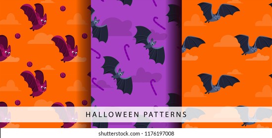 Set of Halloween seamless pattern with bats and halloween sweets. Vector Illustration. Trick or Treat Concept.