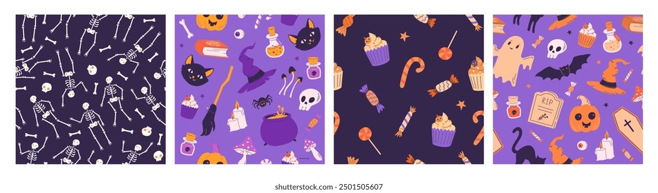 Set of Halloween seamless pattern with candy, sweets, ghost, bones, skull, witch hat and pumpkin. Trick or treat. 