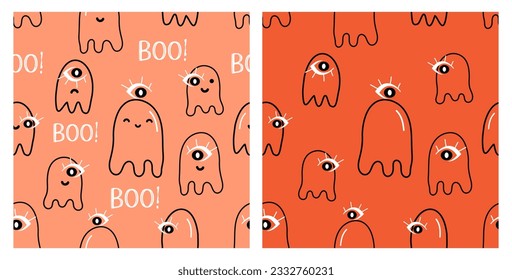 Set of Halloween seamless pattern with cute ghost, devil eyes and hand written fonts on orange backgrounds vector illustration.
