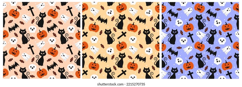 Set of Halloween Seamless Pattern Design With Witch, Haunted House, Pumpkins or Bats in Template Hand Drawn Cartoon Flat Illustration