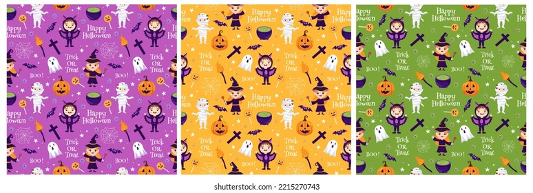 Set of Halloween Seamless Pattern Design With Witch, Haunted House, Pumpkins or Bats in Template Hand Drawn Cartoon Flat Illustration