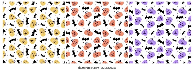 Set of Halloween Seamless Pattern Design With Witch, Haunted House, Pumpkins or Bats in Template Hand Drawn Cartoon Flat Illustration