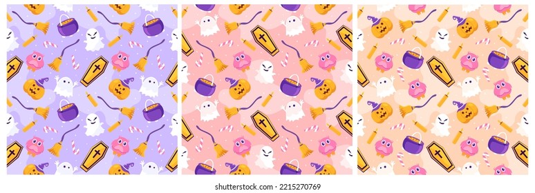 Set of Halloween Seamless Pattern Design With Witch, Haunted House, Pumpkins or Bats in Template Hand Drawn Cartoon Flat Illustration