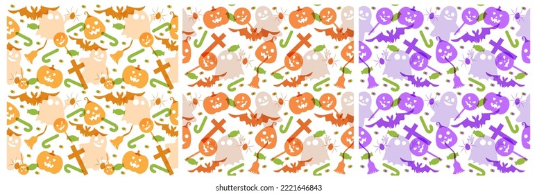 Set of Halloween Seamless Pattern Design With Witch, Haunted House, Pumpkins or Bats in Template Hand Drawn Cartoon Flat Illustration