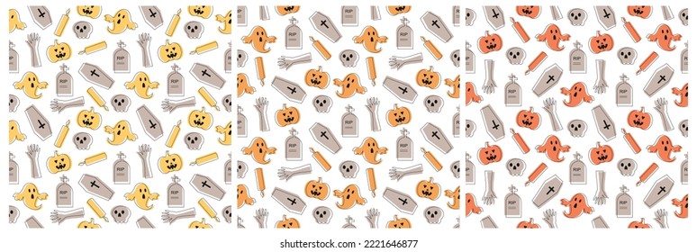 Set of Halloween Seamless Pattern Design With Witch, Haunted House, Pumpkins or Bats in Template Hand Drawn Cartoon Flat Illustration