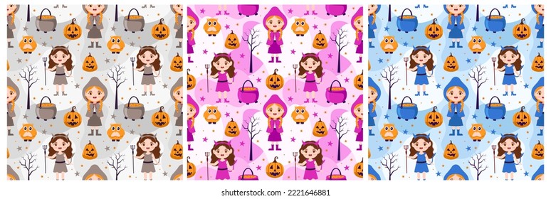 Diseño de patrón sin foco de Halloween con bruja, casa embrujada, calabazas o murciélagos a mano dibujando ilustración plana de dibujos animados