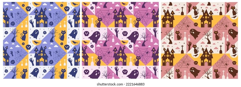 Set of Halloween Seamless Pattern Design With Witch, Haunted House, Pumpkins or Bats in Template Hand Drawn Cartoon Flat Illustration