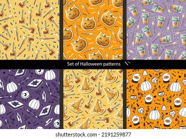 Set of Halloween seamless pattern. With pumpkin, witch hat, magic ball, caramel apple, magic book, and marshmallows. Perfect for textile, wallpaper, and print.