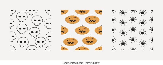 Set Halloween seamless pattern. Skull, pumpkin, spider vector print. Halloween illustration for decorating, web design, wrapping paper.