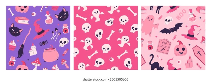 Set of Halloween seamless pattern with sweets, ghost, bones, skull, witch hat, black cat and pumpkin. Vector illustration