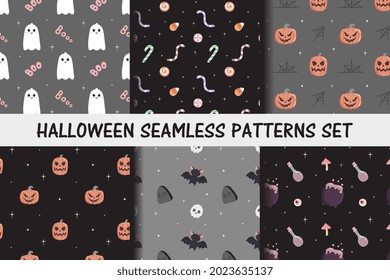 Set of Halloween seamless patterns. Baby background for t-shirt print, packaging, wrapping paper, etc.  Cute pumpkin and smiling ghost, sweets, bat, witch's cauldron.