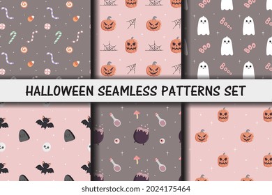 Conjunto de patrones sin fisuras de Halloween. Fondo del bebé para la impresión de camisetas, empaque, papel de envoltura, etc. Calabaza tibia y fantasma sonriente, dulces, murciélago, caldero de brujas.