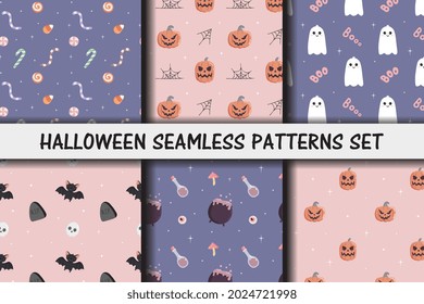 Set of Halloween seamless patterns. Baby background for t-shirt print, packaging, wrapping paper, etc.  Cute pumpkin and smiling ghost, sweets, bat, witch's cauldron. Pastel colors. 