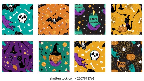 Set of Halloween seamless patterns with bat, black cats, skulls, spider web, spiders, pumpkins and witches hats.